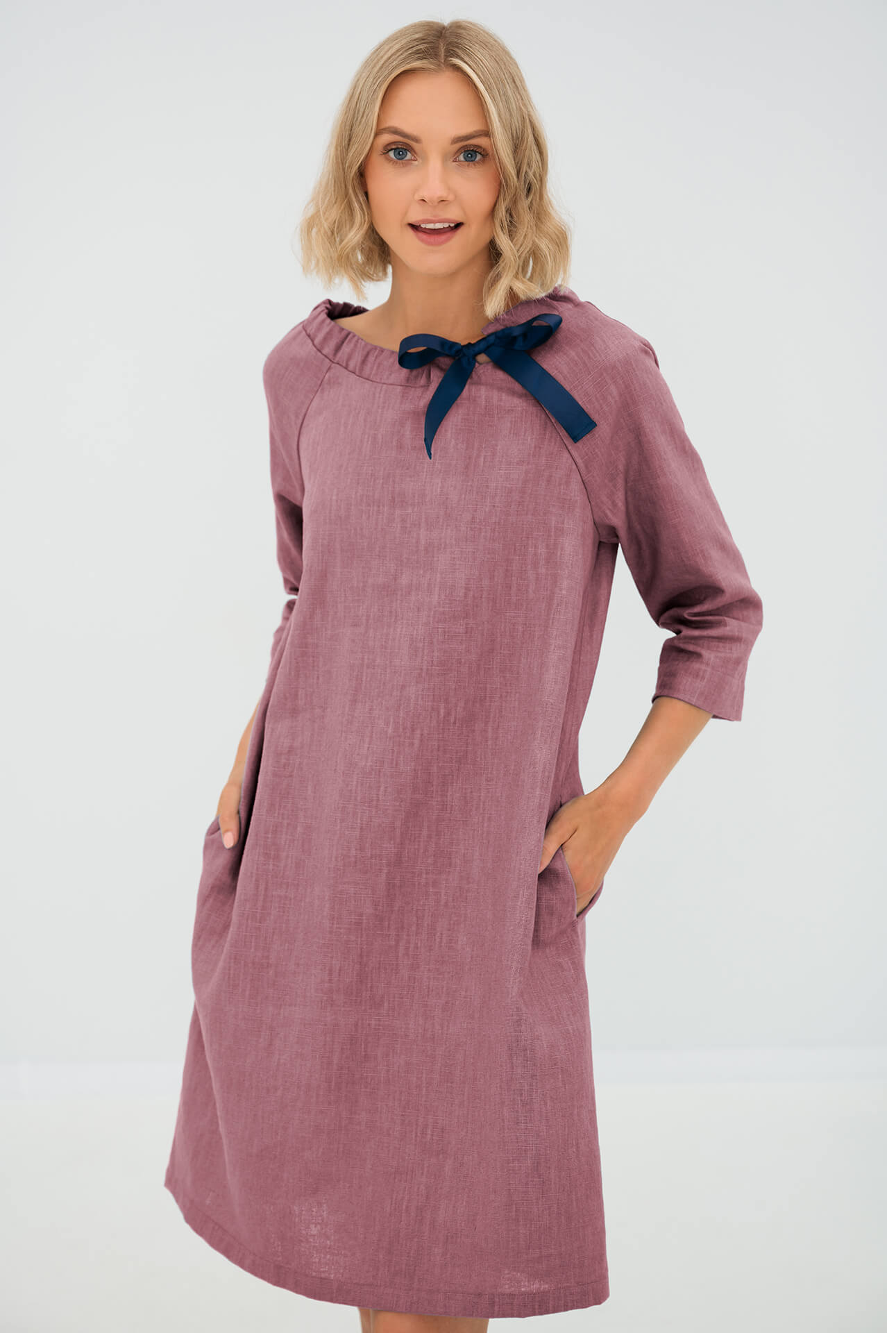 Linen midi dress with sleeves in dusty rose FRENCH